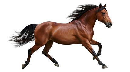 Brown horse with black mane and tail galloping, isolated on transparent background © STUDIOP