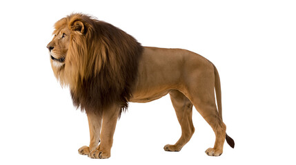 Majestic male lion with full mane standing alert, isolated on transparent background © STUDIOP