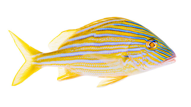 Yellow and blue striped fish detailed profile, isolated on transparent background