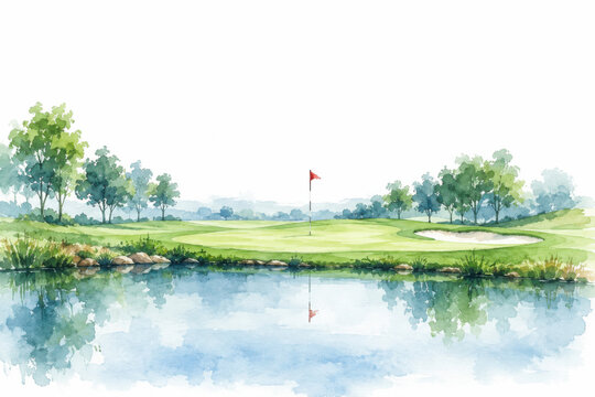 Watercolor golf course with serene pond reflection, red flag on green, lush trees, soft blue and green tones, loose wash technique, tranquil landscape scene