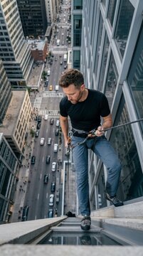 Man rappelling down a tall city building