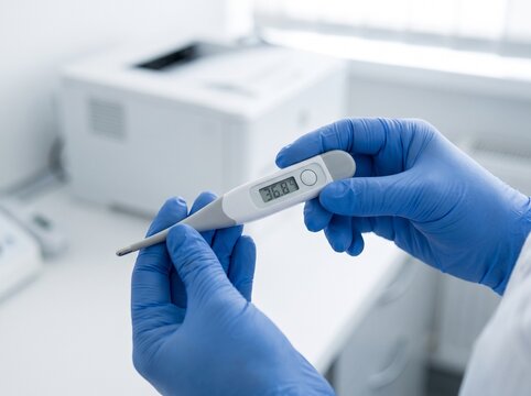 Doctor in blue medical gloves holding a digital thermometer showing normal body temperature.