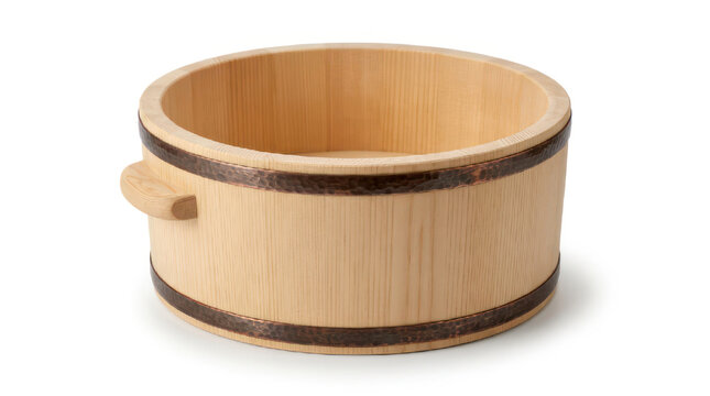 Traditional Japanese wooden tub with handles for bathing.