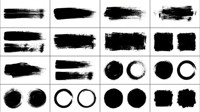 Create a premium vector collection of black ink brush strokes, paint swatches, dry brush textures, circular ink stamps, and artistic paint marks arranged in a clean, organized grid on a pure white bac