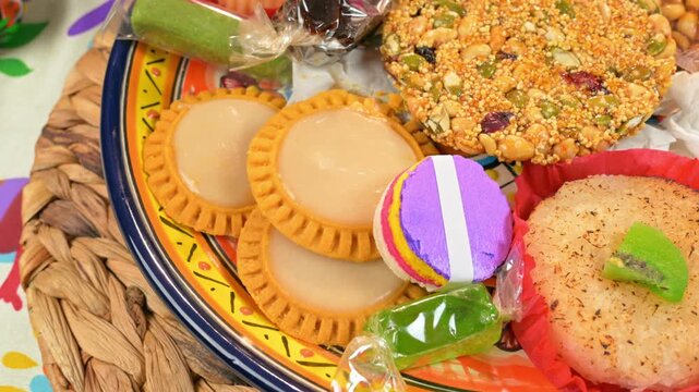 Aerial view of traditional Mexican sweets for Day of the Dead (Dia de Muertos) celebration