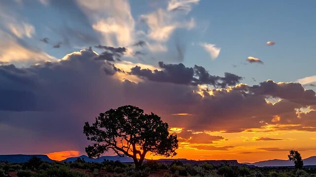 A solitary tree stands against a vibrant sunset with dramatic clouds and golden light rays