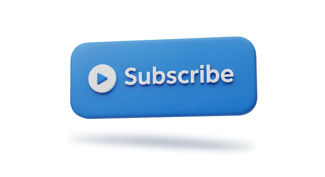 3D rendered blue subscribe button with play icon and shadow isolated on white background