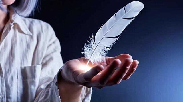 A woman's hand extends outward with a floating white feather hovering above it
