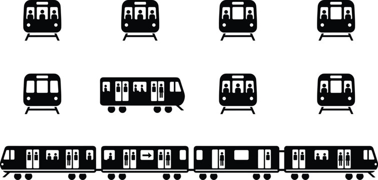 Subway train icon set, front and side views, black white vector, passenger silhouette design, metro transport illustration bundle