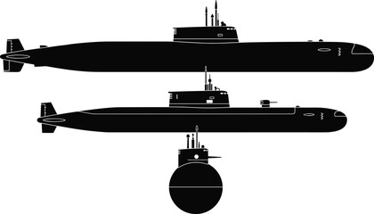 Submarine silhouette vector set, black white clipart of naval military underwater vessel designs missile tubes periscope, marine illustration artwork bundle © Fenshi