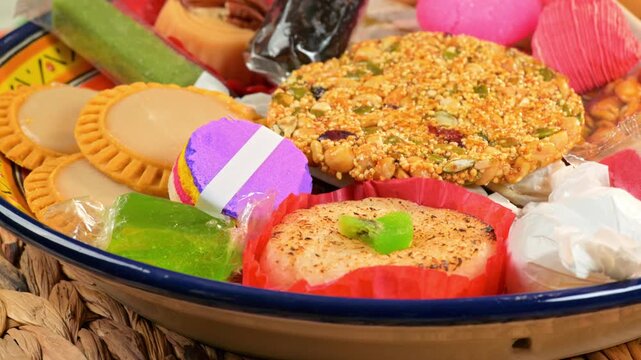 Authentic Mexican Sweets Selection like cocada, polvoron, palanqueta and amaranth palanqueta