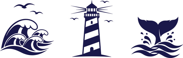 Stylized nautical illustration featuring ocean waves with birds, lighthouse with beams, and whale tail splashing water, representing marine, coastal, and seaside design purposes © Fenshi