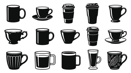 Obraz premium Black White Vector Icons of Coffee Cups and Mugs, Various Styles