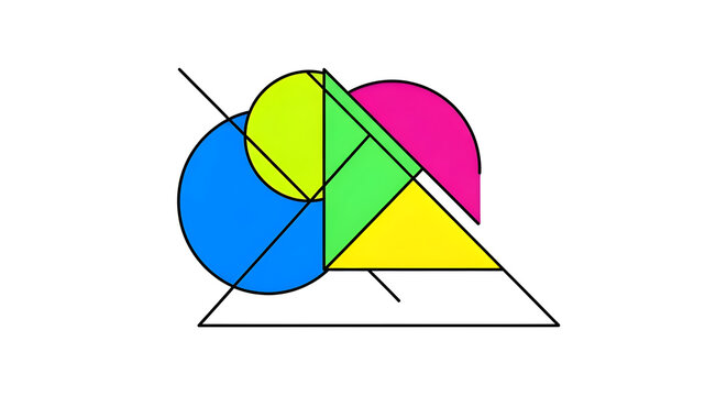 Abstract geometric composition with bright neon colors and overlapping shapes clean background