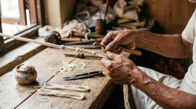 Artisan crafting a wooden object with tools on a workbench.