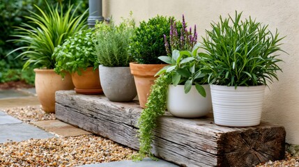 Fototapeta premium Assorted herbs and potted plants on rustic wooden beam