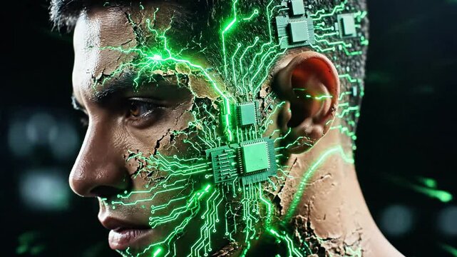 A man's side profile with green circuitry and microchips embedded in his face and ear