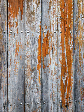 Heavily Weathered Old Wooden Planks with Peeling Orange Paint and Silver Nails, Rustic Grunge Decay Texture Background