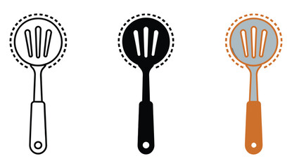 Set of kitchen spatula icons in outline, solid black, and orange flat styles isolated on white background for cooking, culinary branding, restaurant menus, food blogs, mobile apps, and graphic design © TARIF