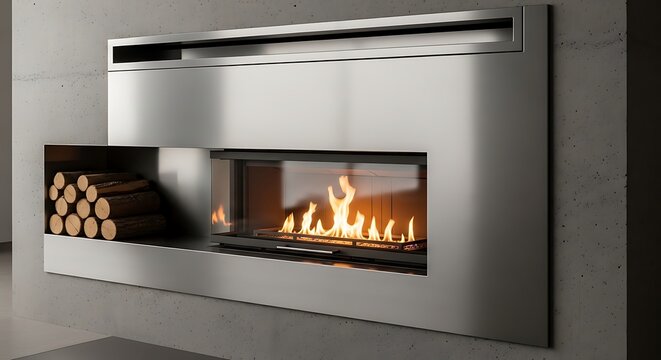 Modern stainless steel wall mounted fireplace with burning flames and firewood storage.