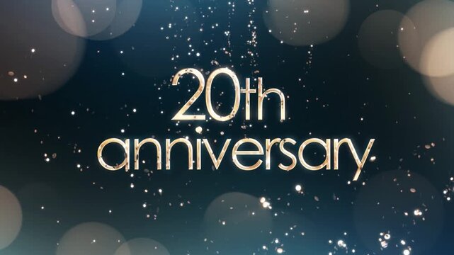 Anniversary greeting banner with gold particles on blue background, beautiful gold 20th anniversary greeting