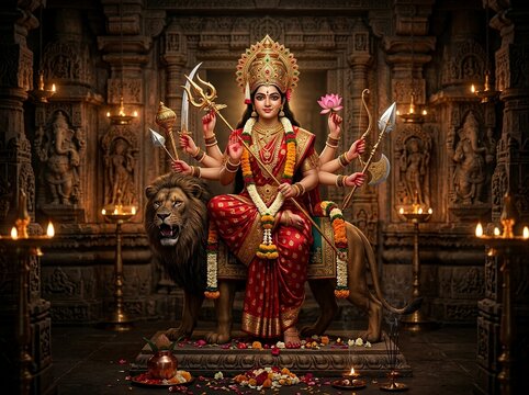 Hindu Goddess Maa Durga sits majestically on her lion vahana with ten arms holding divine weapons inside a temple.