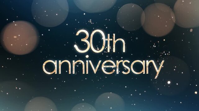 Anniversary greeting banner with gold particles on blue background, beautiful golden 30th anniversary greeting