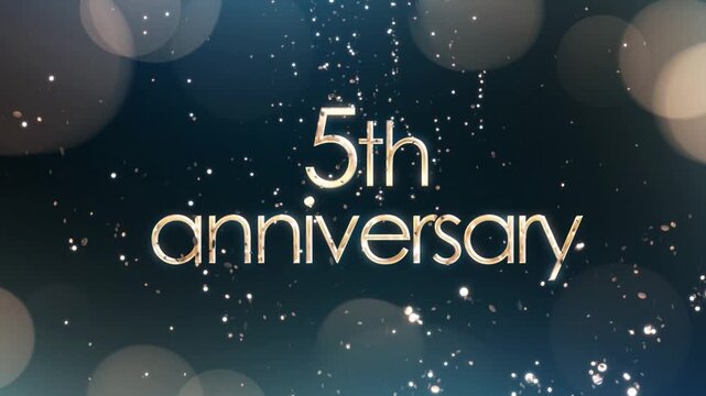 Anniversary greeting banner with gold particles on blue background, beautiful golden 5th anniversary greeting