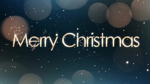 Merry Christmas greeting banner with golden confetti on blue background