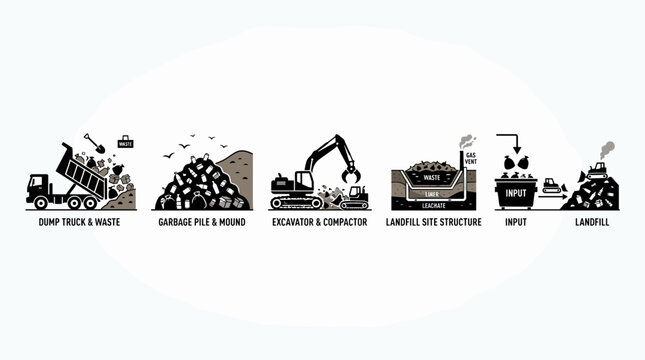 Landfill waste management process and infrastructure infographic icons