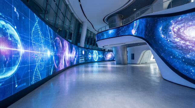 Futuristic immersive LED screen exhibition hall with cosmic visuals