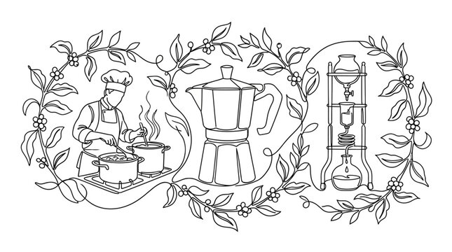 Chef preparing food, coffee maker, and siphon brewer in floral border, line art