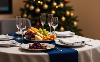 Fototapeta premium Christmas tree backdrop, elegant table setting with food and wine glasses.