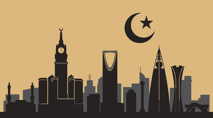 Saudi Arabia Skyline Silhouette Featuring Crescent Moon Icon of Islamic Heritage © Bima