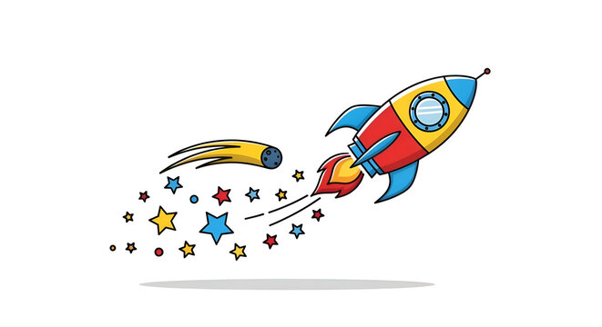 Cartoon rocket ship blasting off into space with a shooting star and stars
