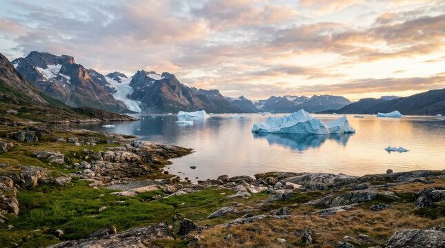 Floating icebergs in a calm arctic fjord with rocky green mountains