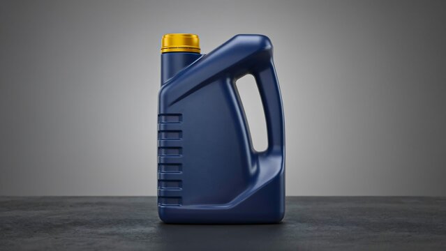 Blue motor engine oil container isolated on gray background