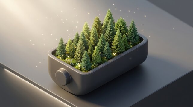Small evergreen pine trees in a rectangular grey ceramic planter box