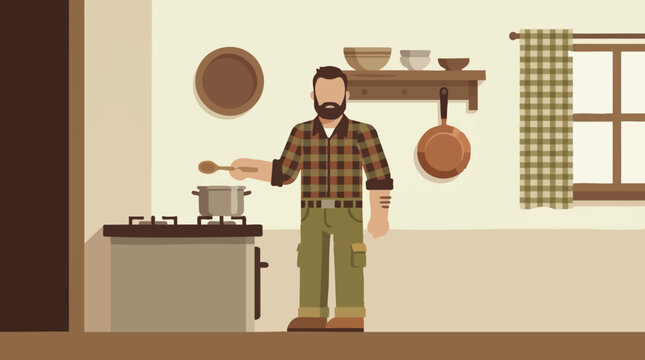 Bearded man in plaid shirt cooking on stove in a rustic kitchen, flat illustration