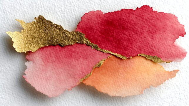 Abstract watercolor art with torn paper edges and gold leaf accents in pink, red, orange, and peach hues on textured paper background