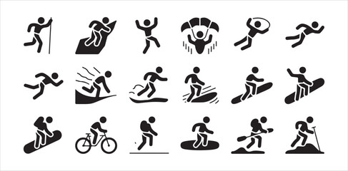Obraz premium Extreme Sports and Adventure Activity Icons Set Featuring Surfing Snowboarding and Climbing