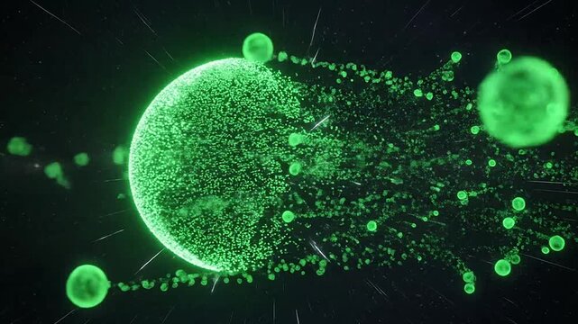 A glowing green sphere disintegrates into small particles against a dark starry background