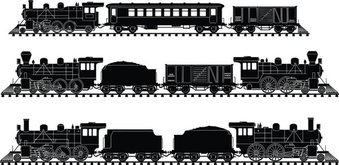 Steam train silhouette vector set, black white clipart of locomotive coal tender passenger boxcar railway transport, vintage rail illustration artwork bundle © Fenshi