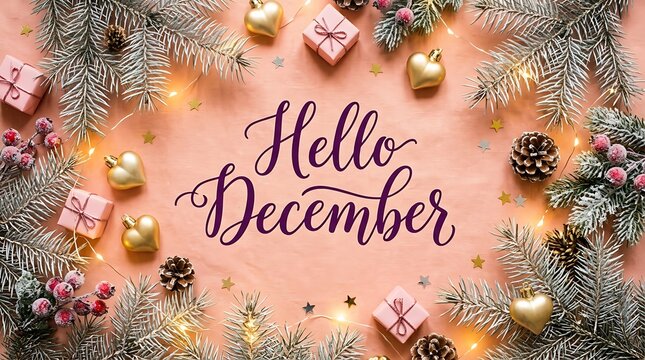 Hello december holiday background with golden baubles and gift boxes, december