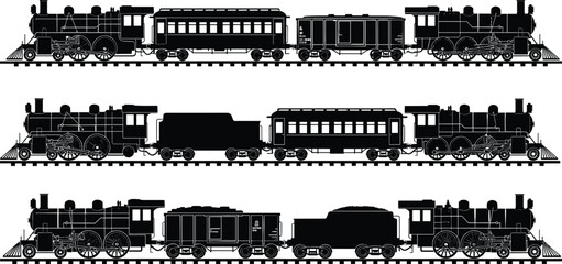 Steam train composition silhouette vector set, black white clipart of locomotives passenger boxcar coal tender railway transport, rail illustration artwork bundle © Fenshi