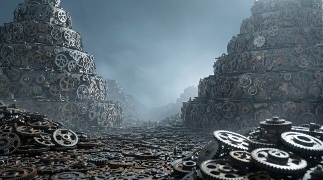 Large pile of metal gears and cogs in a dark industrial landscape