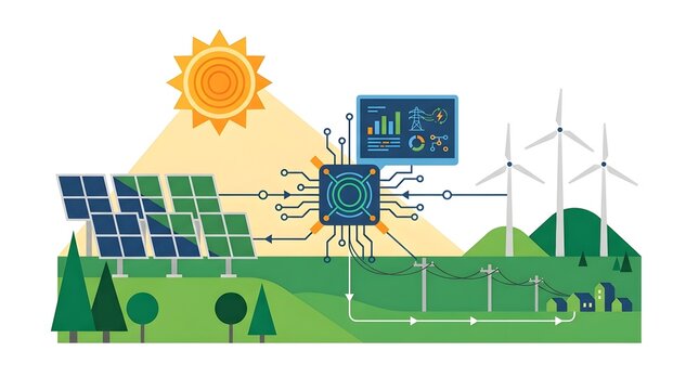 Modern flat vector illustration of artificial intelligence monitoring renewable energy systems including solar panels, wind turbines, and smart electrical grids for efficient energy management and sus