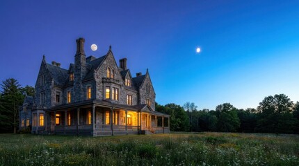 Obraz premium Large stone mansion with glowing windows under a night sky at dusk