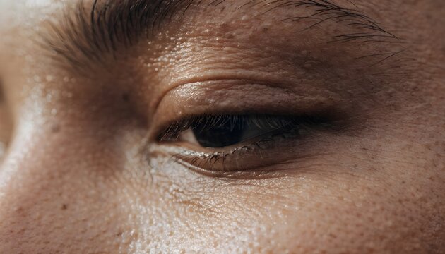 Aging Eye Texture Macro with Visible Pores and Natural Skin Imperfections, Realistic Close Up of Mature Human Eye, Fine Lines, Wrinkles, Under Eye Texture, Dermatology, Skincare, Beauty, Anti Aging Co