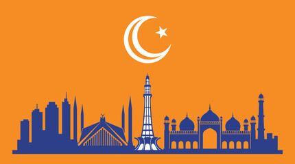 Pakistan Skyline Silhouette Featuring Crescent Moon Icon of Islamic Heritage © Bima
